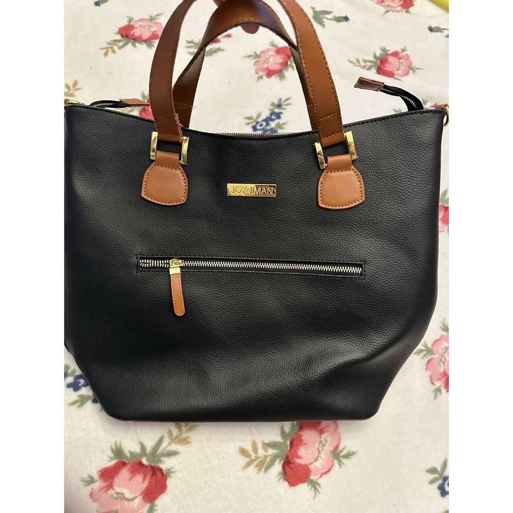 JOY & IMAN Pebbled Black Satchel Top Handle Zip Bag Brown Handles Pockets